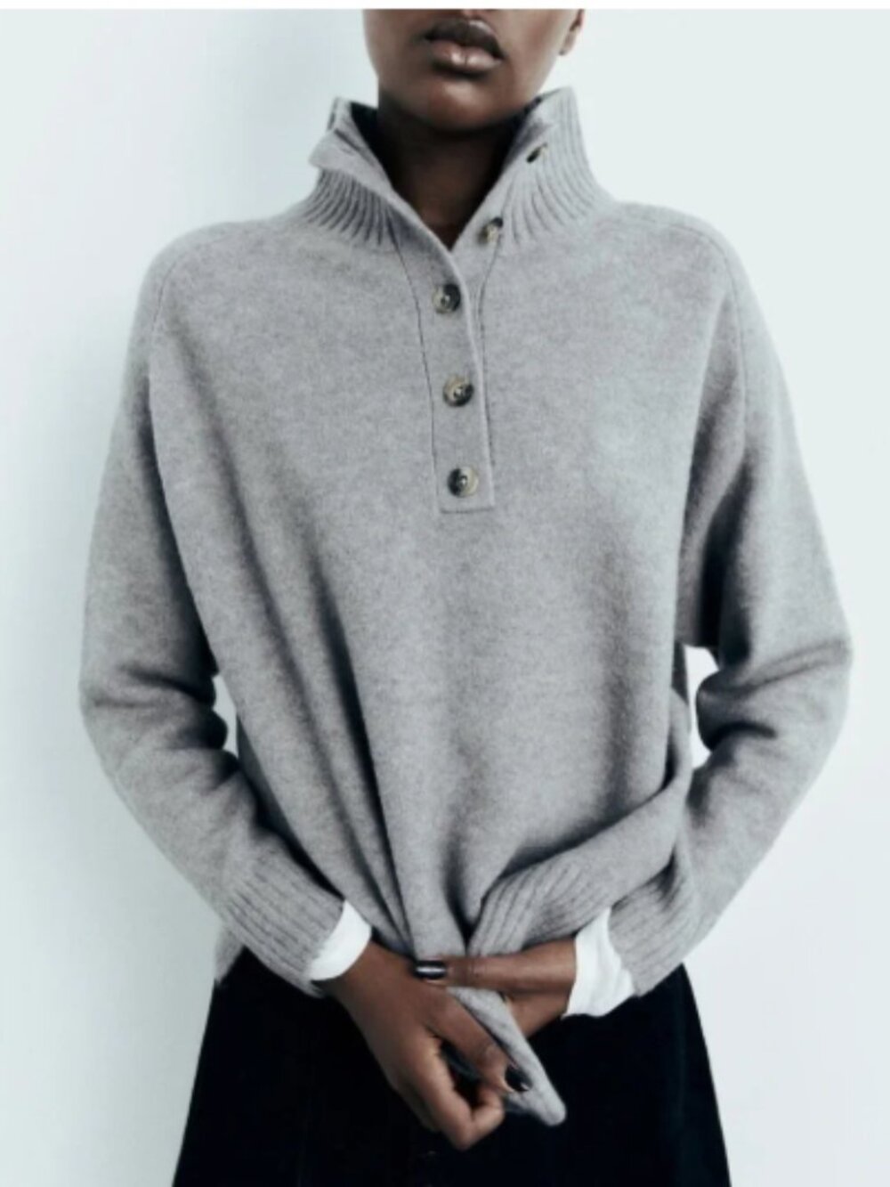 NEW Zara Gray Quarter Button Wool Blend High Collar Knit Sweater Size Large